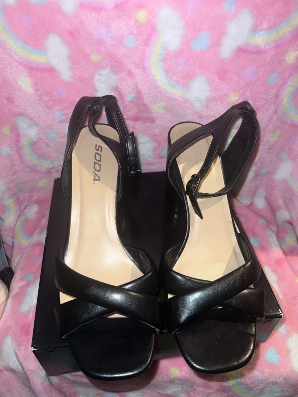 Soda Black Leatherette Strappy Block Heel Sandals